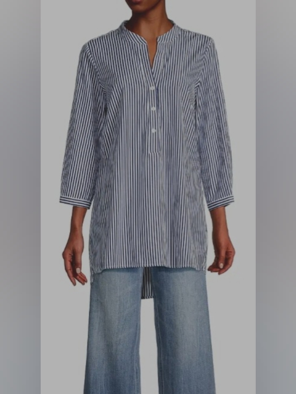 HARSHMAN Derrington Striped Cotton Tunic 3/4 Sleeves In White And Blue SzL